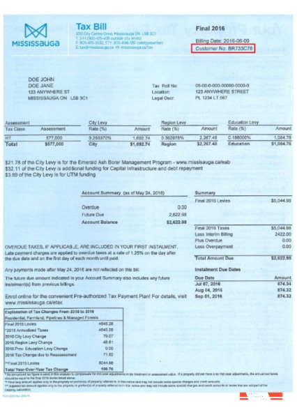 Canada Mississauga tax bill